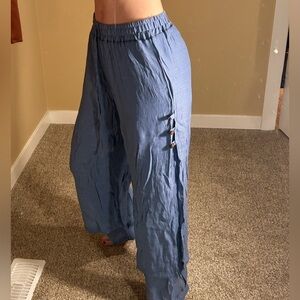 Blue Wide-Leg Pants with Button Detail